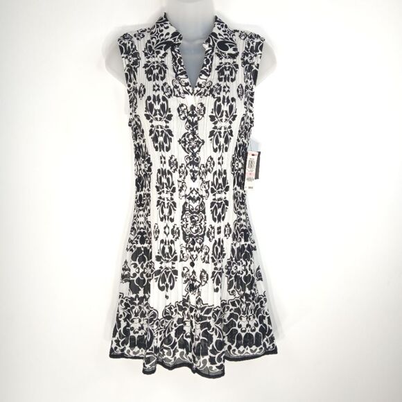 ALFANI Black White Medallion Mini Shirt Dress or Long Tunic Size 10 Pleated NWT - Picture 1 of 11